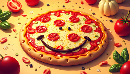 Vector illustration of a smiley face pizza where the ingredients are funny faces, with bright and saturated colors to attract attention
