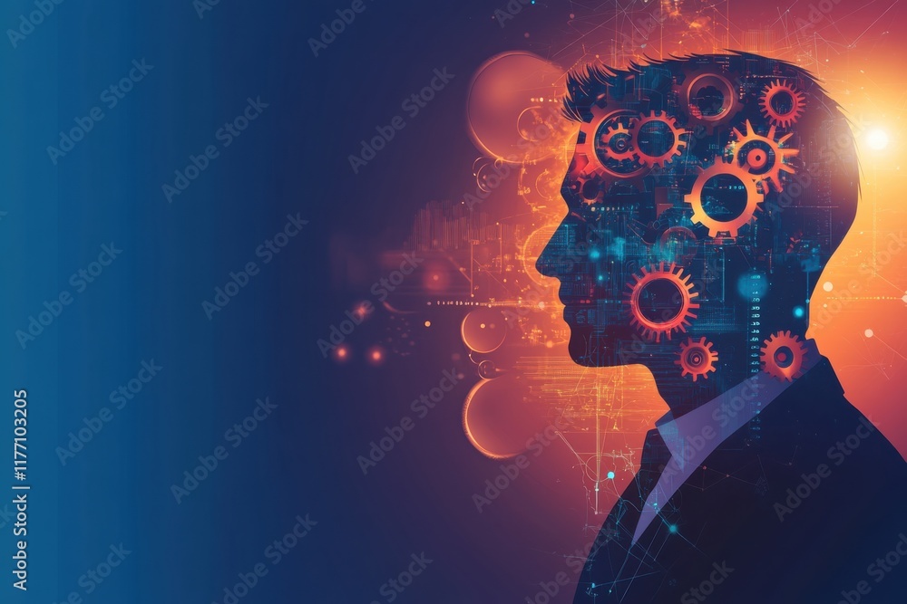 Poster stylish vector illustration of a businessman profile with gears and assembly lines, featuring sharp 
