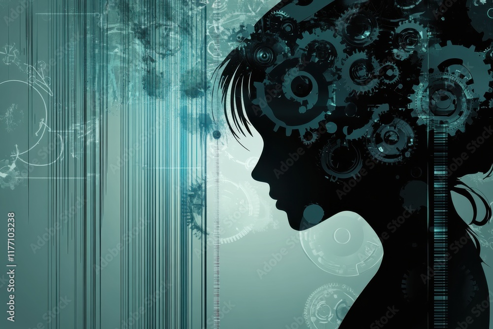 Poster businessman profile with gears and assembly lines overlaid in a stylized vector illustration featuri