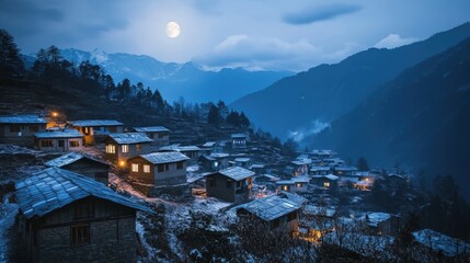 Fototapeta premium Moonlit Himalayan Village: A Night in the Mountains