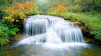A beautiful waterfall cascades down a series of rocky tiers, surrounded by lush greenery and colorful blooms, creating a tranquil oasis in the heart of the Thai jungle.