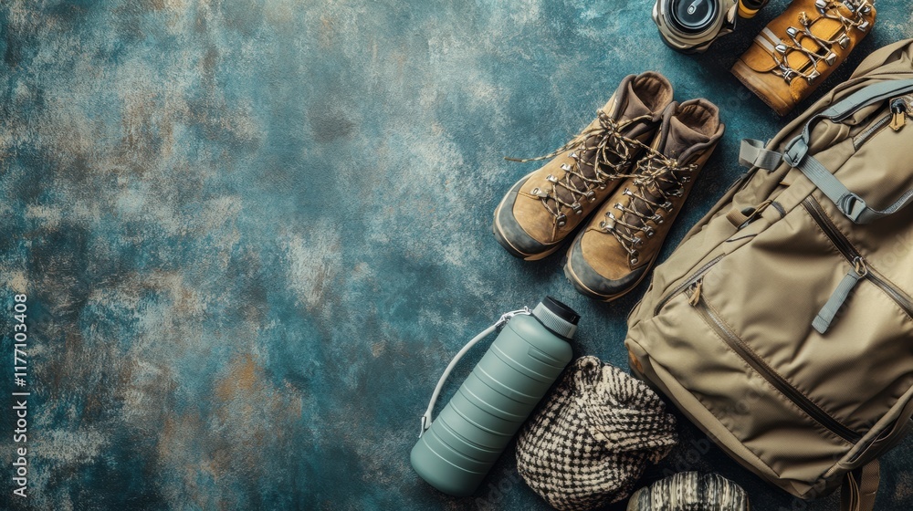 Poster Gear setup for adventurous backpacking trips with essential equipment on a textured surface. Generative AI