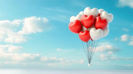 Fototapeta premium Heart shaped balloons floating in blue sky with clouds
