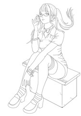 girl drawing street fashion. 
Line Drawing and cute girl. 