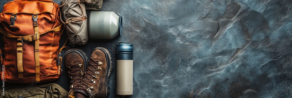 Poster backpackers gear spread out for a hiking adventure with space for text on the side. generative ai