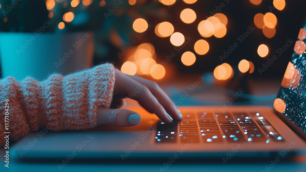 Poster cozy hand typing on laptop with warm bokeh lights in background, creating serene and inviting atmosp
