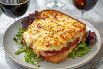 gourmet croque madame with crispy bacon and runny egg on top, served on a white ceramic plate, perfect brunch dish on wooden tray