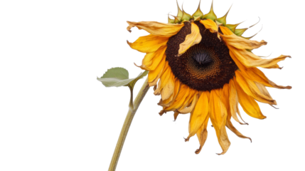 Close-up of a dried sunflower with wilting petals, isolated on transparent background