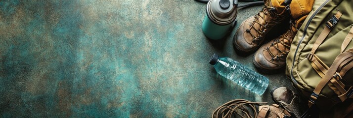 Essential backpacker gear laid out for hiking adventure with ample copy space for personalization. Generative AI