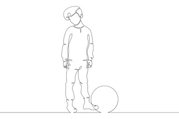 Little child plays with a ball. Childrens games. One continuous drawing line  logo single hand drawn art doodle isolated minimal illustration.