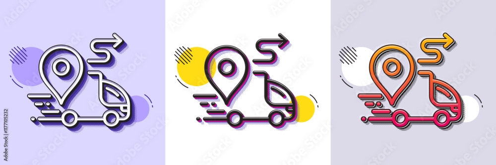 Poster delivery line icon. halftone dotted pattern. gradient icon with grain shadow. road path sign. car jo