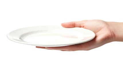 Close-up of a hand holding an empty plate, isolated on transparent background