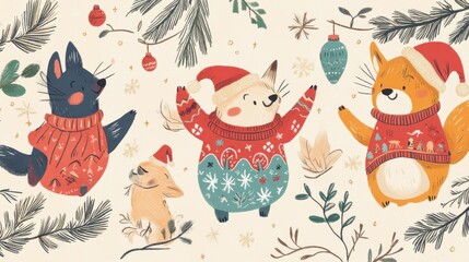 Festive animals wearing sweaters and Santa hats with holiday decorations on a white background