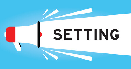 Color megaphone icon with word setting in white banner on blue background