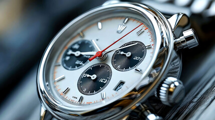 Fototapeta premium Close-up of a Classic Chronograph Wristwatch: A Timeless and Elegant Timepiece for the Discerning Gentleman
