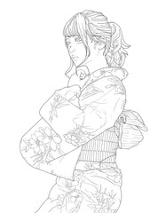 Line drawing young woman kimono.  Manga style. Japanese woman in kimono.
