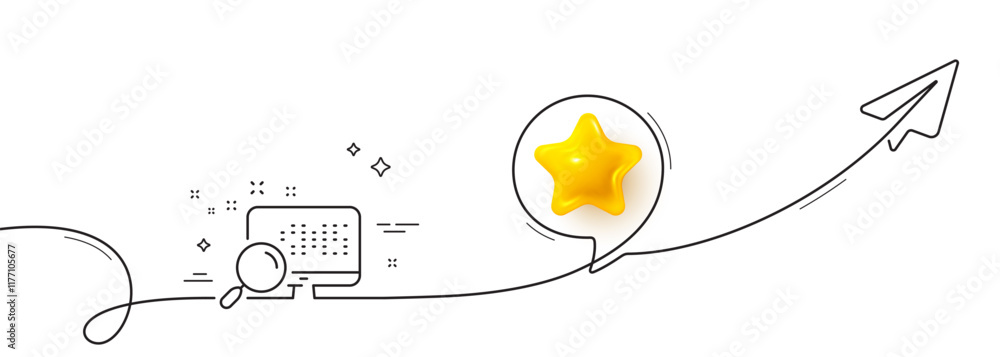 Poster search in computer line icon. continuous line with share plane. find data sign. magnify glass. 3d st