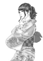 Black and white tones manga style. Japanese woman in kimono..  Drawing Fashion Culture