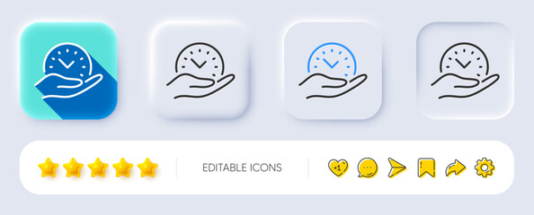 Safe time line icon. Neumorphic, Flat shadow, 3d buttons. Clock sign. Office management symbol. Line safe time icon. Social media icons. Vector