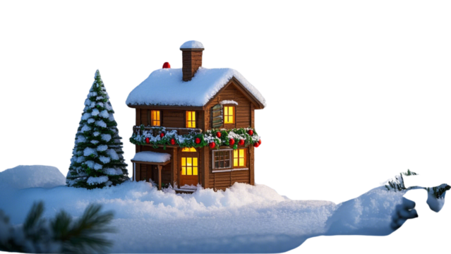 Charming miniature snow-covered house with festive decorations and a Christmas tree ..... - Powered by Adobe