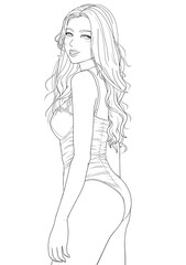 Cheerful young woman in swimsuit. Line drawing cute woman