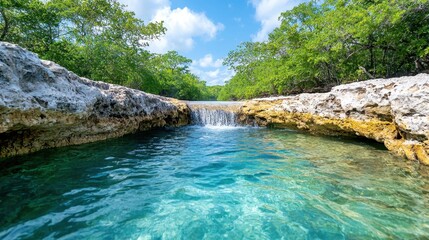 Naklejka premium The Blue hole waterfall is a serene and secluded natural wonder, where the crystal clear blue water cascades gently over smooth rocks into a hidden pool below
