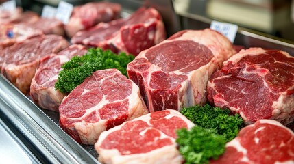 Fototapeta premium Fresh Meat Cuts in Organized Display with Rich Textures