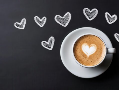 Valentinethemed chalkboard art featuring hearts and romantic coffee quotes, playful and inviting