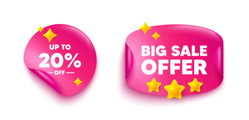Discount tag sticker tag. Big offer paper price banner. Up to 20 percent off sale. Discount offer price sign. Special offer symbol. Save 20 percentages. Discount sticker with 3d stars. Vector