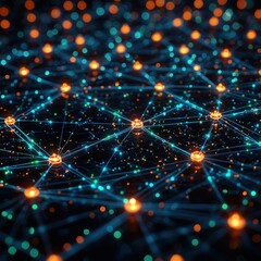 Glowing network nodes connected by lines on a dark background with bokeh effect, ideal for tech concepts