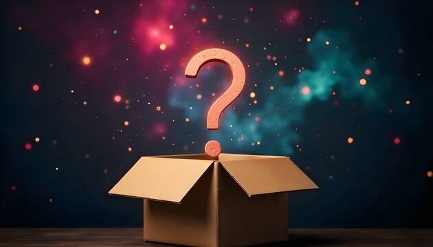 Surprise gift with a question mark inside a box, surrounded by a colorful cosmic background with stars and glowing particles
