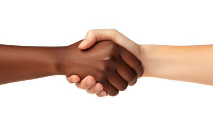 Close-up of two hands clasping together, isolated on transparent background