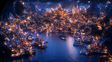 Fototapeta premium Night view of a magical, illuminated coastal city nestled in mountains, with many ships in the harbor.