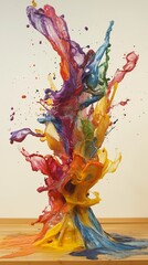A chaotic splash of multicolored paint frozen in mid-motion.