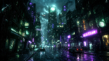 Fototapeta premium Cyberpunk Cityscape: Rain-Soaked Streets and Neon Lights. A Futuristic Digital Painting of a Dark, Atmospheric City at Night.