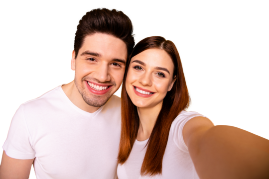 Self-portrait of his he her she two nice attractive lovely sweet charming trendy cheerful cheery people husband wife isolated over vivid shine bright yellow background