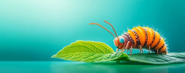 Naklejka premium Vibrant orange caterpillar on a green leaf against a soft background.