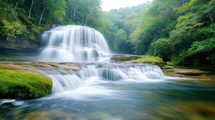 Obraz premium The waterfall cascades gracefully down the rocks, surrounded by lush green moss and vibrant foliage, creating a serene and picturesque scene in the heart of the forest.