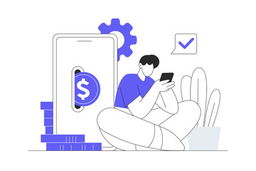 Mobile banking. Character paying for purchases in mobile application with secure pay services, making online transaction. Flat Cartoon Vector Illustration, icon. Stylish abstract