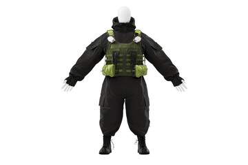 A tactical outfit featuring a black jumpsuit and a green tactical vest, designed for durability and functionality in various conditions.