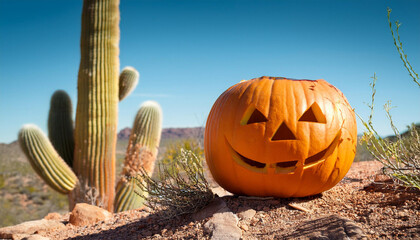 halloween pumpkin in a wilderness close to the cactus hot sunny day