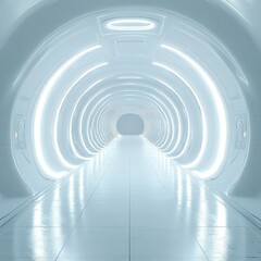 Naklejka premium A futuristic white corridor with glowing accents, evoking advanced technology and a showroom atmosphere.