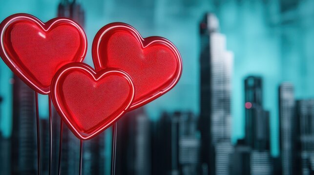 Valentine Wallpaper and Cover Concept, Futuristic Cityscape with Glowing Hearts for Valentine's Day in a Modern Urban Environment - Powered by Adobe