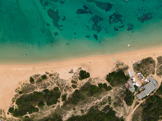 The sandy beach of Porto Pollo, Sardinia, featuring turquoise waters, golden sand, and surrounding greenery, popular for water sports and relaxation.