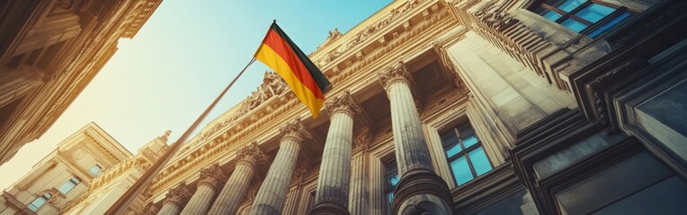 The German flag with a historic building in the background, symbolizing national pride and cultural heritage.