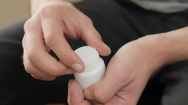 Close-up view of hands opening a small plastic medication bottle, suggesting health, wellness, and daily routine activities. Ideal for concepts related to self-care, pharmaceuticals, or healthcare the