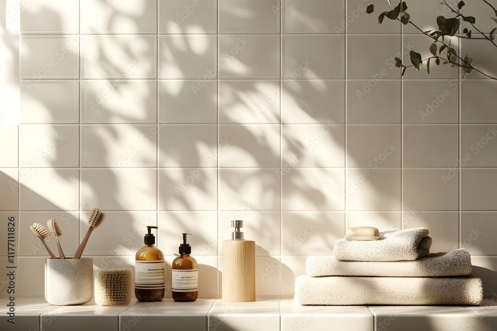 Poster softly illuminated tiled surface with an assortment of personal care items arranged in a visually