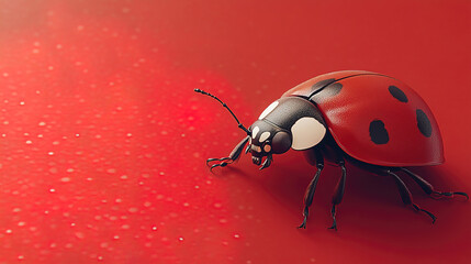 Fototapeta premium bright red ladybug with black and white spots sits on smooth red surface, creating striking contrast. ladybug detailed features are highlighted against vibrant background