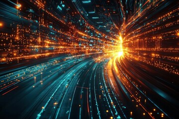 Light streaks speed through digital tunnel with binary code, cyberspace data stream