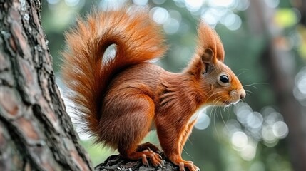 Red squirrel perched on tree branch in forest